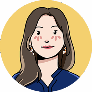 Kathryn is illustrated in a 2D vector isometric style. She is wearing a navy blue collared blouse. Her brown hair is parted in the middle and drapes over her right shoulder. She is surrounded by a yellow background.
