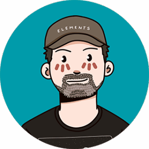 Keith wears a black tee with a white border. He wears a brown hat that says the word Elements and he sports a short beard. He is surrounded by a turquoise background.